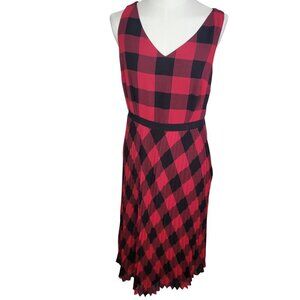 Talbots Petite Red & Black Plaid Grunge V-Neck Sleeveless Pleated Dress Size 6P